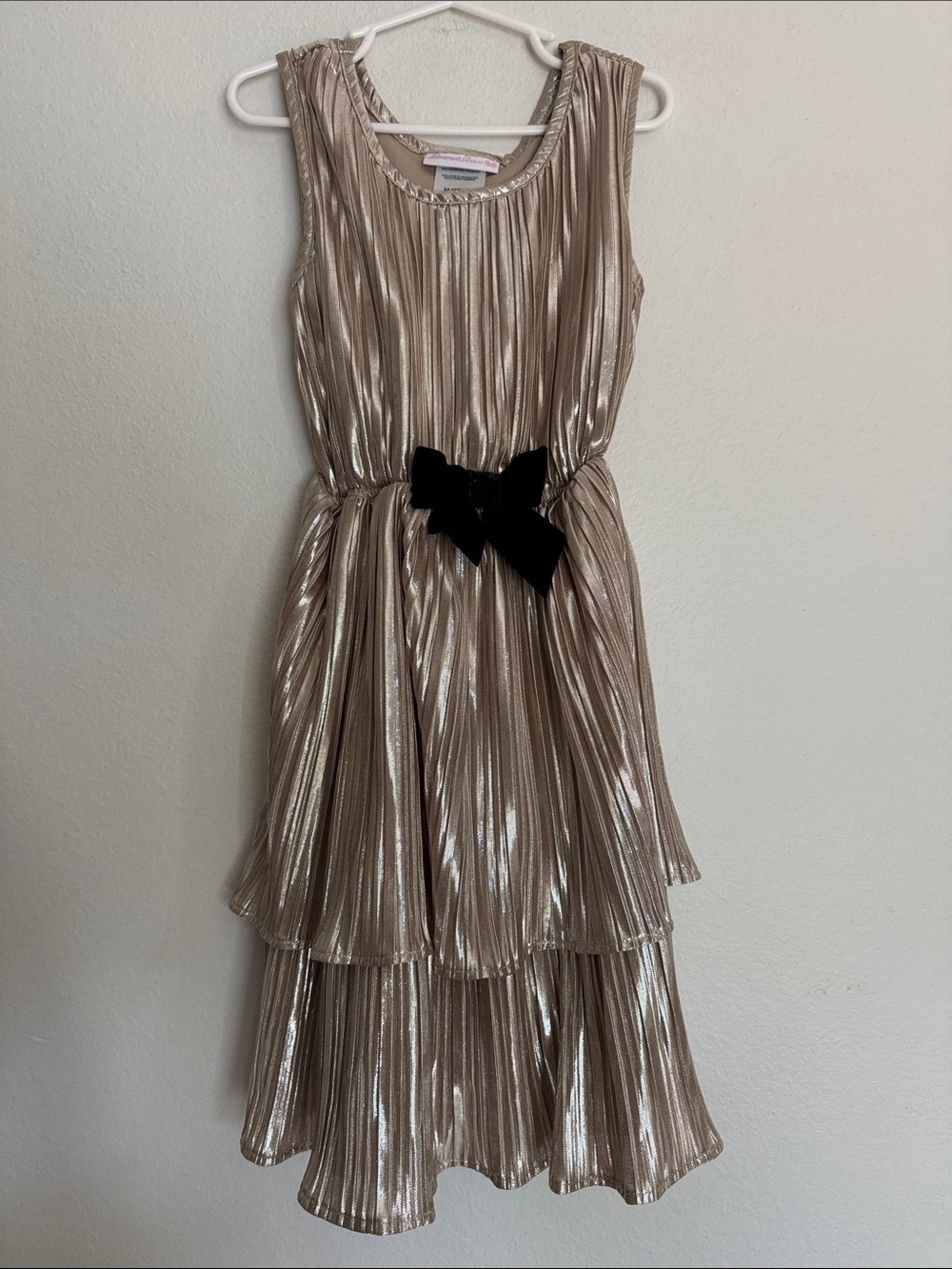 Bonnie Jean Metallic Gold Tiered Dress with Black Bow